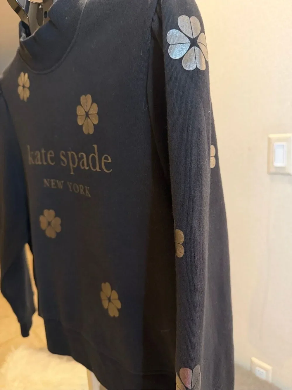 Kate Spade, New York flower sweatshirt, black with metallic silver flowers in si